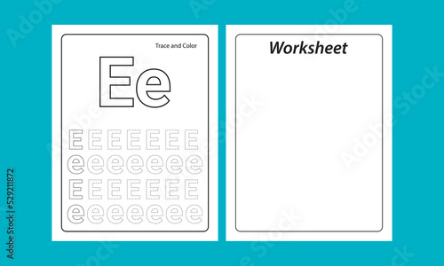Trace alphabet design for learning to handwrite. Trace and Color worksheet for letter E.