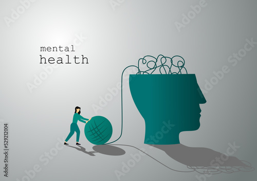 Mental health care treatment vector illustration concept. specialist doctor work to give psychology therapy. Tiny people character with screwdriver. Banner, poster, or social media printing.