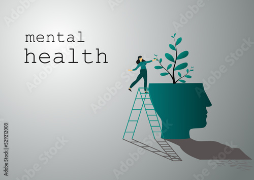 Mental health care treatment vector illustration concept. specialist doctor work to give psychology therapy. Tiny people character with screwdriver. Banner, poster, or social media printing.