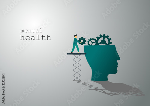 Mental health care treatment vector illustration concept. specialist doctor work to give psychology therapy. Tiny people character with screwdriver. Banner, poster, or social media printing.