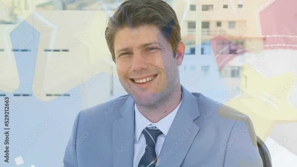 Animation of financial data processing over businessman with headset Animation of financial data processing over businessman with headset