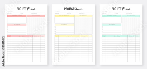 Project planner template design. 3 Set of minimalist Project Planners. Printable project tracker template design. Business organizer page. Project Management Template. Project Task Planner.