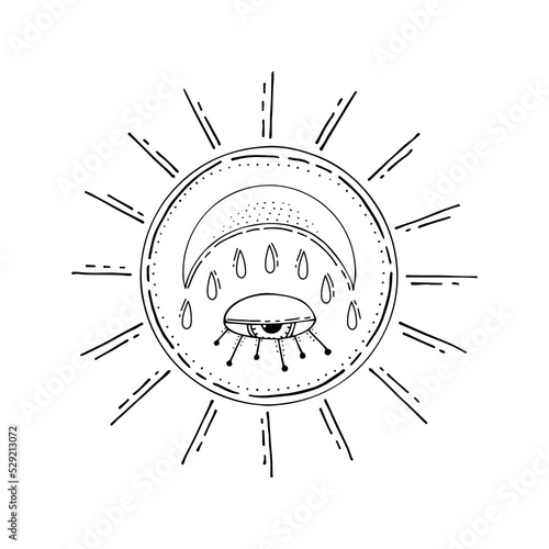 Bohemian Sun moon all seeing eye. Ancient amulet. Symbol of divine power. Gods eye. Hand drawn vector illustration.