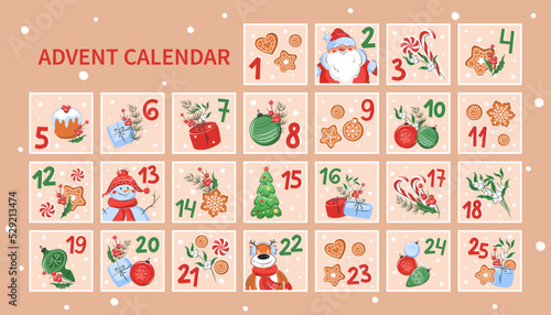 Christmas Advent Calendar for kids. Vector illustration