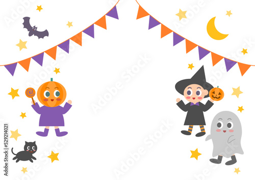 ハロウィンのフレームイラスト: ガーランドと仮装した子供たち