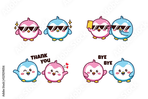 Set of cute kawaii couple blue and pink little penguin for social media sticker emoji wearing sunglasses take a picture say thank you and bye bye emoticon