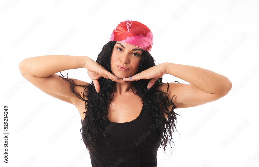 Lovely young woman with pink headscarf in support of cancer research isolated white background Lovely young woman with pink headscarf in support of cancer research isolated white background
