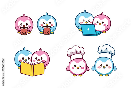 Set of cute kawaii couple blue and pink little penguin for social media sticker emoji drink bubble tea watch on computer reading book chef emoticon