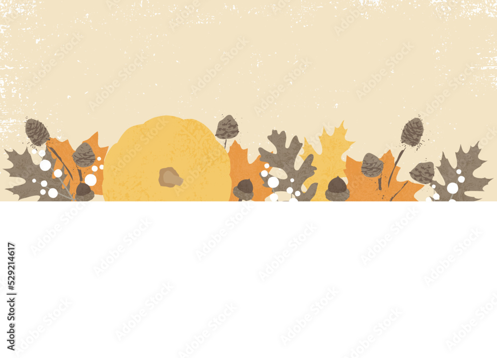 An abstract arrangement of fall pumpkin and nature, in a cut paper style with textures
