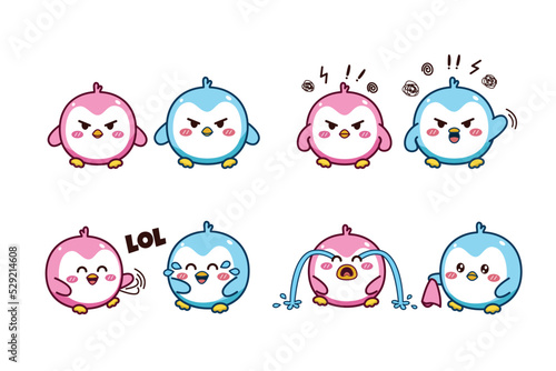 Set of cute kawaii couple blue and pink little penguin for social media sticker emoji angry laughing out loud cry emoticon