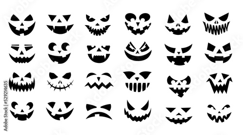 Scary faces. Halloween smiley pumpkin faces, creepy jack lantern with evil ghost expression and angry eyes, horror monster face collection. Vector isolated set