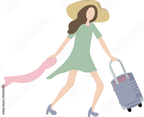 The girl with the suitcase is going on a trip. She rushes to the airport or the station. She wears a dress, high heels shoes and a big straw hat.