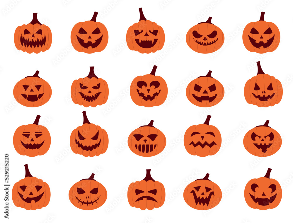 Pumpkin faces. Cartoon Halloween Jack characters with scary smiley and angry faces, vegetable carving for horror party posters. Vector Halloween emoticons set Pumpkin faces. Cartoon Halloween Jack characters with scary smiley and angry faces, vegetable carving for horror party posters. Vector Halloween emoticons set