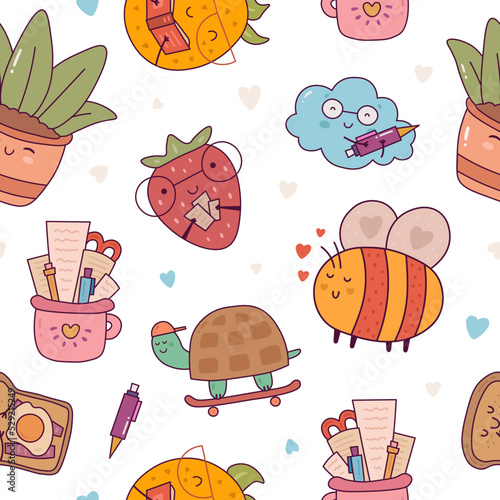 funny cute school pattern with fruits and animals vector illustration