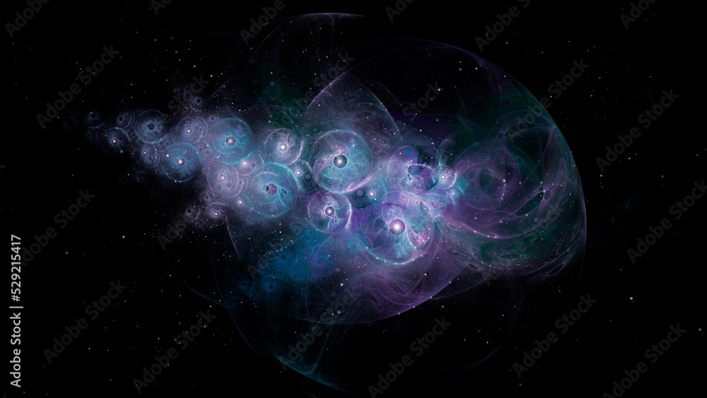 A science fiction concept of glowing fractal patterns. with a universe of stars on a black background.