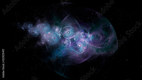 A science fiction concept of glowing fractal patterns. with a universe of stars on a black background.