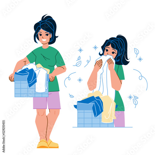 laundry clean woman vector. happy smell home, young housewife, fresh household basket laundry clean woman character. people flat cartoon illustration