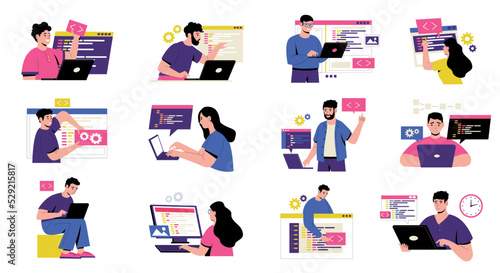 Coding characters concept. Cartoon developers working on web programming and application development, software testing metaphors flat style. Vector isolated set