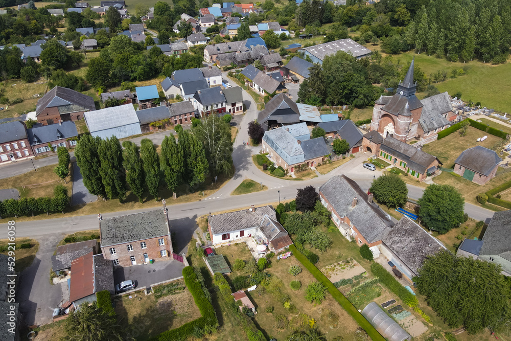 Aerial view of the beautiful village of Parfondeval during the summer