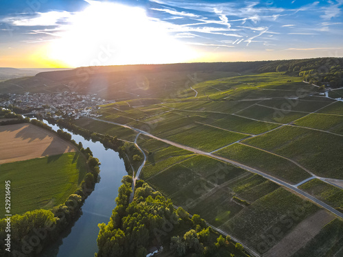 Aerial sunset view of Vineyards in the Champagne wine making region of France during the summer photo