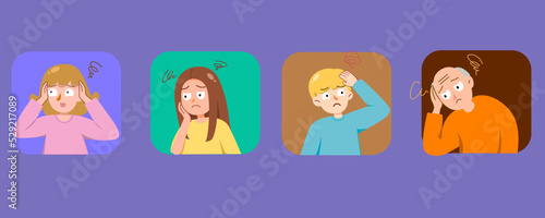 Set of people in depression. Unhappy, headache, tried and more. Vector illustration