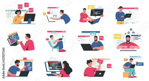 Front end and back end development. Abstract characters working on responsive web design, website app interface, programmers coding and creating software for pc. Vector set