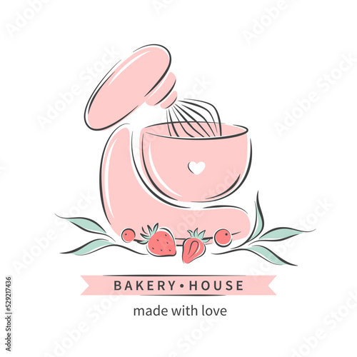 Bakery house. Set of tools for making cakes, cookies and pastries. Logo for confectionery or bakery. Vector illustration for menu, recipe book, baking shop, cafe.