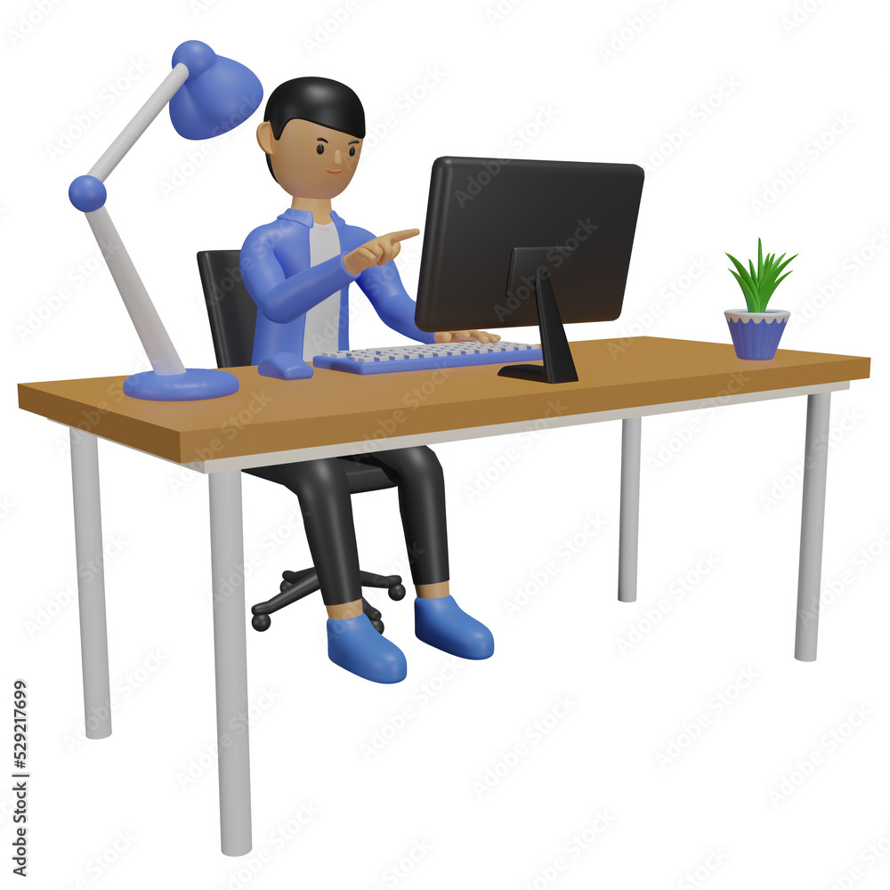 3D cartoon character office employee working in front of the computer 3D cartoon character office employee working in front of the computer