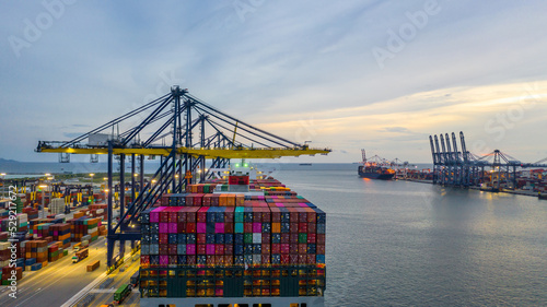 Container ship global business company freight shipping import export logistic and transportation by container ship, Container ship cargo freight shipping maritime transport international worldwide. © Darunrat