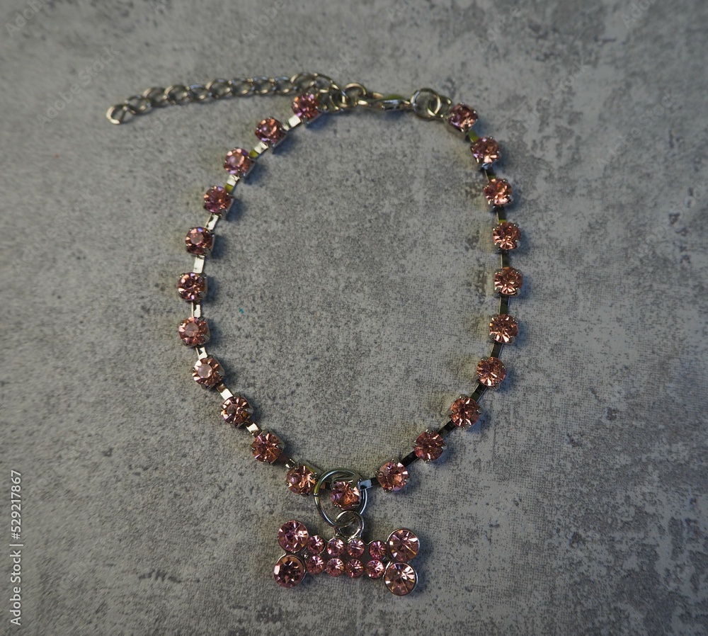 a metal necklace with pink stones and a dog bone pendant lies on a gray background. top view. small dog collar a metal necklace with pink stones and a dog bone pendant lies on a gray background. top view. small dog collar
