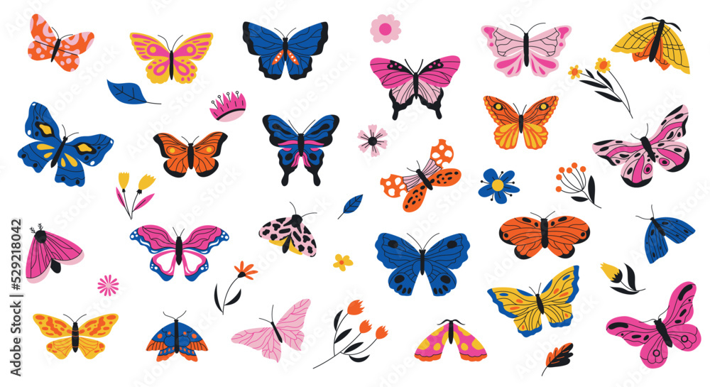 Fototapeta premium Butterflies and flowers. Exotic moths and tropical plants, decorative vibrant collection of spring colorful flying winged insects and leaves. Vector vivid set