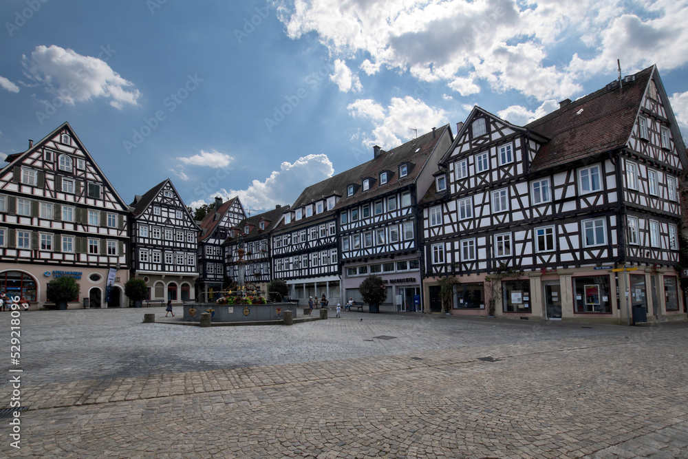 Schorndorf, Germany: old city and market place with half-timbered old houses. Schorndorf is a small Swabian town with a historic town centre and many idyllic half-timbered houses. 