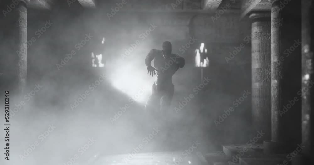 Animation of smoke cloud over zombie walking at halloween