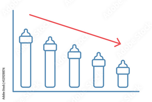 Chart of the decline in child births. Fall in child births. Vector line illustration of baby bottles. Creative concept
