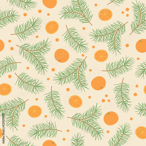 Seamless pattern with pine twigs and oranges on pink background. Good for fabric, wallpaper, packaging, textile, web design