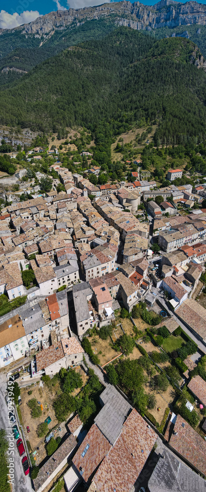 Aerial view of the Plus Beaux Villages de France of Châtillon-en-Diois