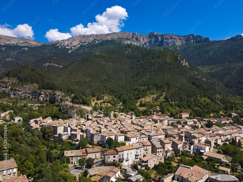 Aerial view of the Plus Beaux Villages de France of Châtillon-en-Diois