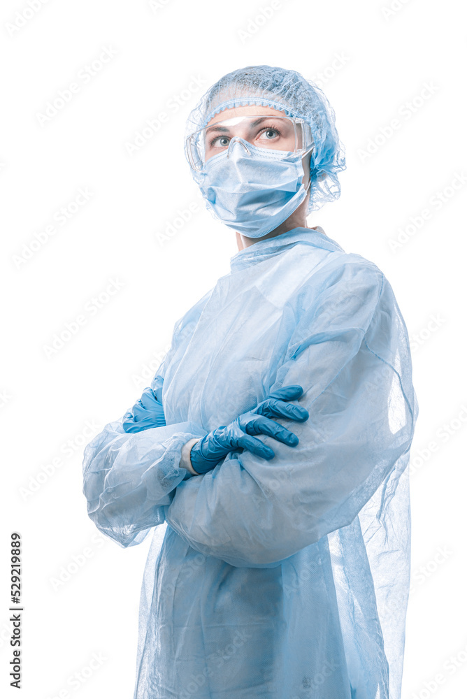 female doctor in medical mask on the face and gloves on a white background