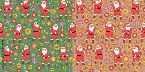 Groovy retro Christmas seamless pattern dancing Santa Claus. Funny character cartoon Santa dance disco. 70s years retro style with cute flowers repeat design. Christmas wrapping paper, textile print.