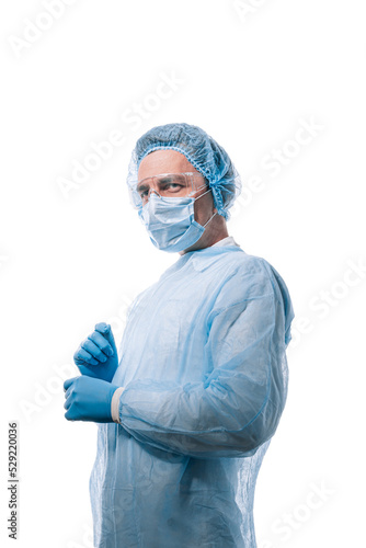 male doctor in a medical mask on his face and gloves on a white background