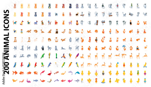 200 animal icons set. Cartoon illustration of 100 animal icons vector set isolated on white background