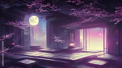 Futuristic and sci-fi dark room interior design with neon light in Japanese traditional motifs. Japanese landscape behind a large window in a dark room. Sakura  moon  city  movement. 3D illustration.