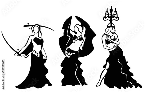 Beautiful young woman dancing bellydance. Set of three bellydancers. Shamadan, veil, swords. Belly dance logo set. Dance icons isolated on white background. Turkish, Egypt, Lebanon culture. 