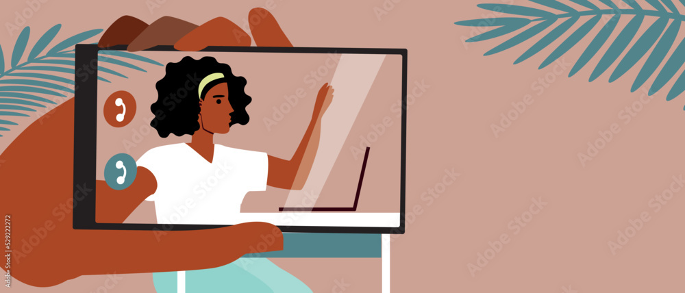 Fototapeta premium African girl studying at school or college remotely, flat vector stock illustration with phone screen or copy space pattern for design