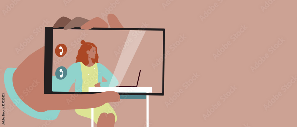 Girl studying at school online or e-learning, flat vector stock illustration with phone screen or copy space template for design Girl studying at school online or e-learning, flat vector stock illustration with phone screen or copy space template for design