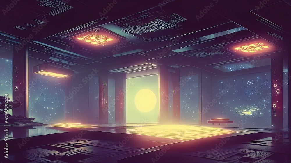 Futuristic and sci-fi dark room interior design with neon light in Japanese traditional motifs. Japanese landscape behind a large window in a dark room. Sakura, moon, city, movement. 3D illustration.