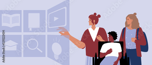 Inclusive group of college students and hologram, modern flat vector stock illustration as concept of e-learning and digital technologies