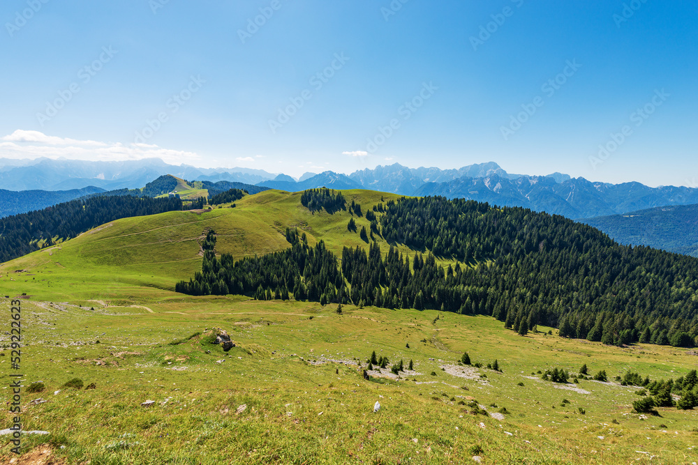 Panoramic view of Carnic Alps and Julian Alps, from the mountain peak of Osternig or Oisternig. Italy Austria border, Europe. Tarvisio, Udine province, Friuli Venezia Giulia.