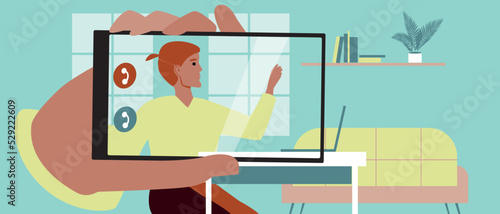 Video call for e-learning in college or school, flat vector stock illustration with child or teen learning at home