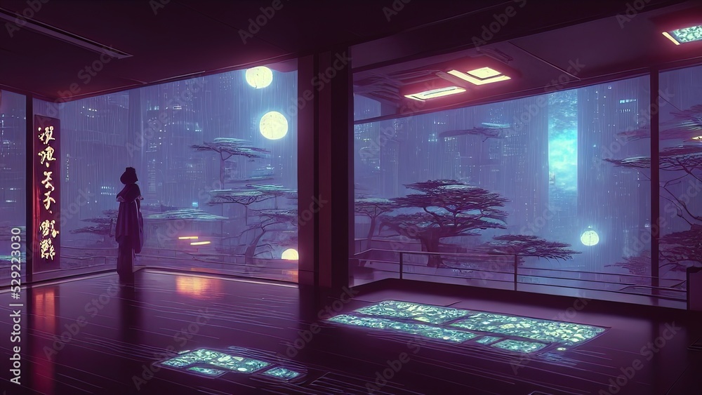 Futuristic and sci-fi dark room interior design with neon light in Japanese traditional motifs ...